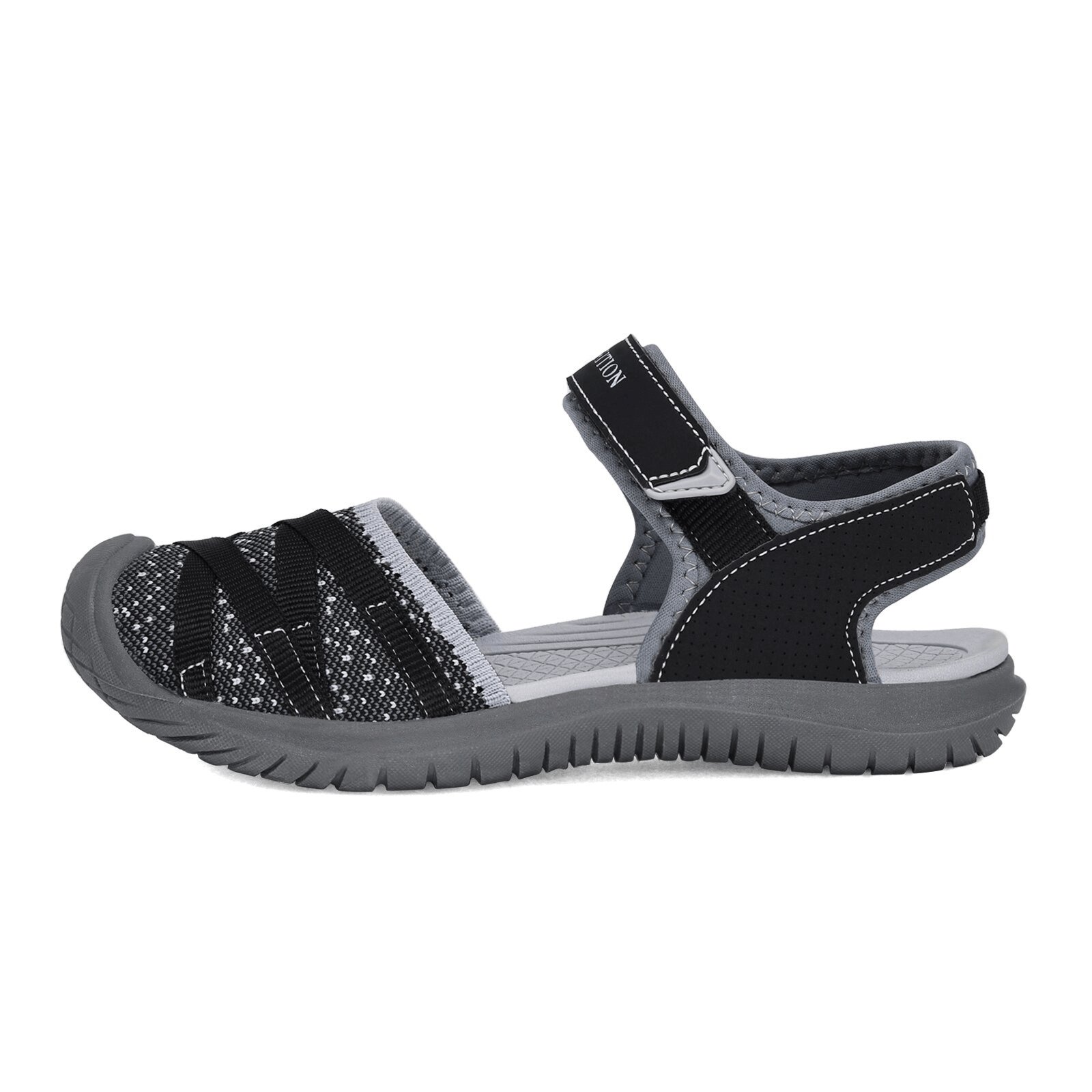 Casual Closed Toe Flat Heel Women's Sandal SF0269 with strap, ideal for trekking and travel, shown in black and grey color.